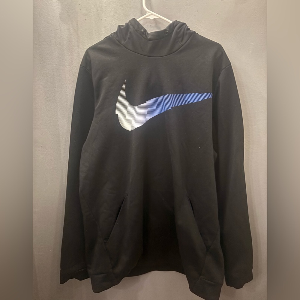 Nike Men's Black Hoodie with Blue and White Swoosh
